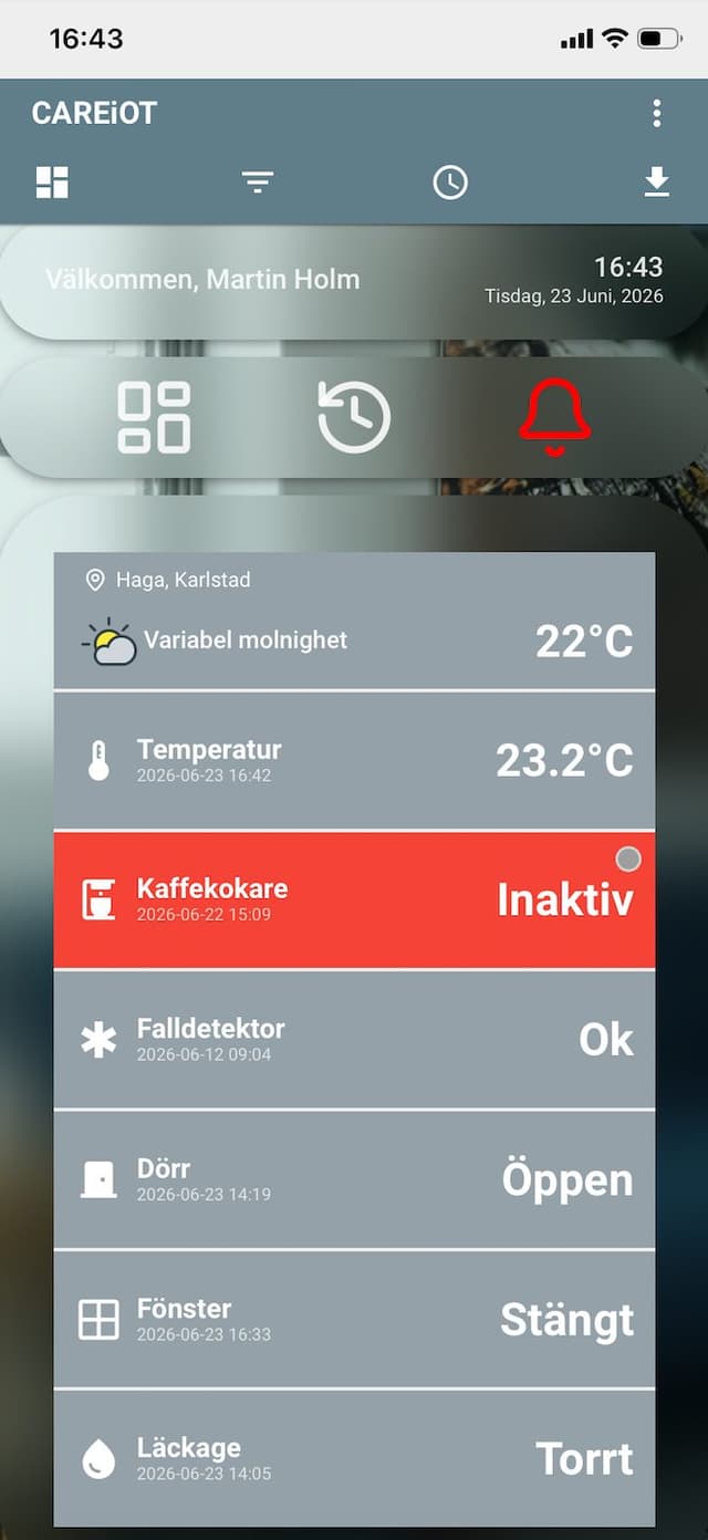 CAREiOT överblick i mobilen